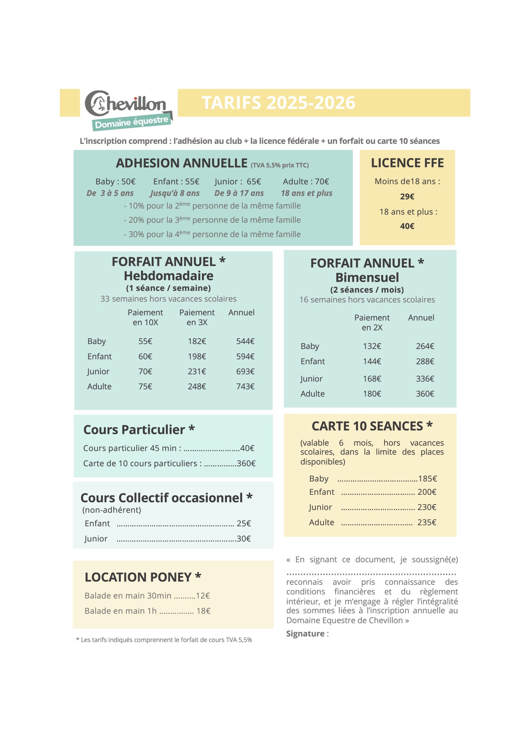 Tarifs et planning Poney-club 2025-2026